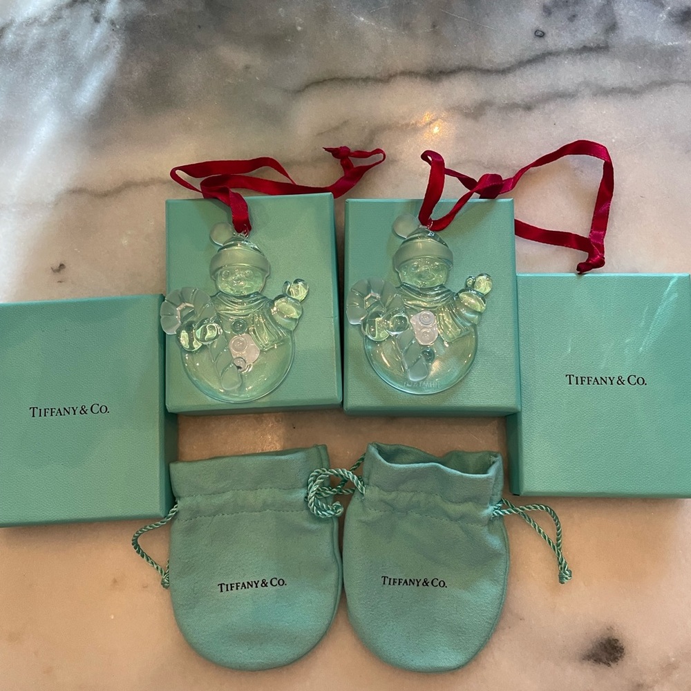 2 Tiffany & Co. Christal Snowman Ornament Candy Cane
